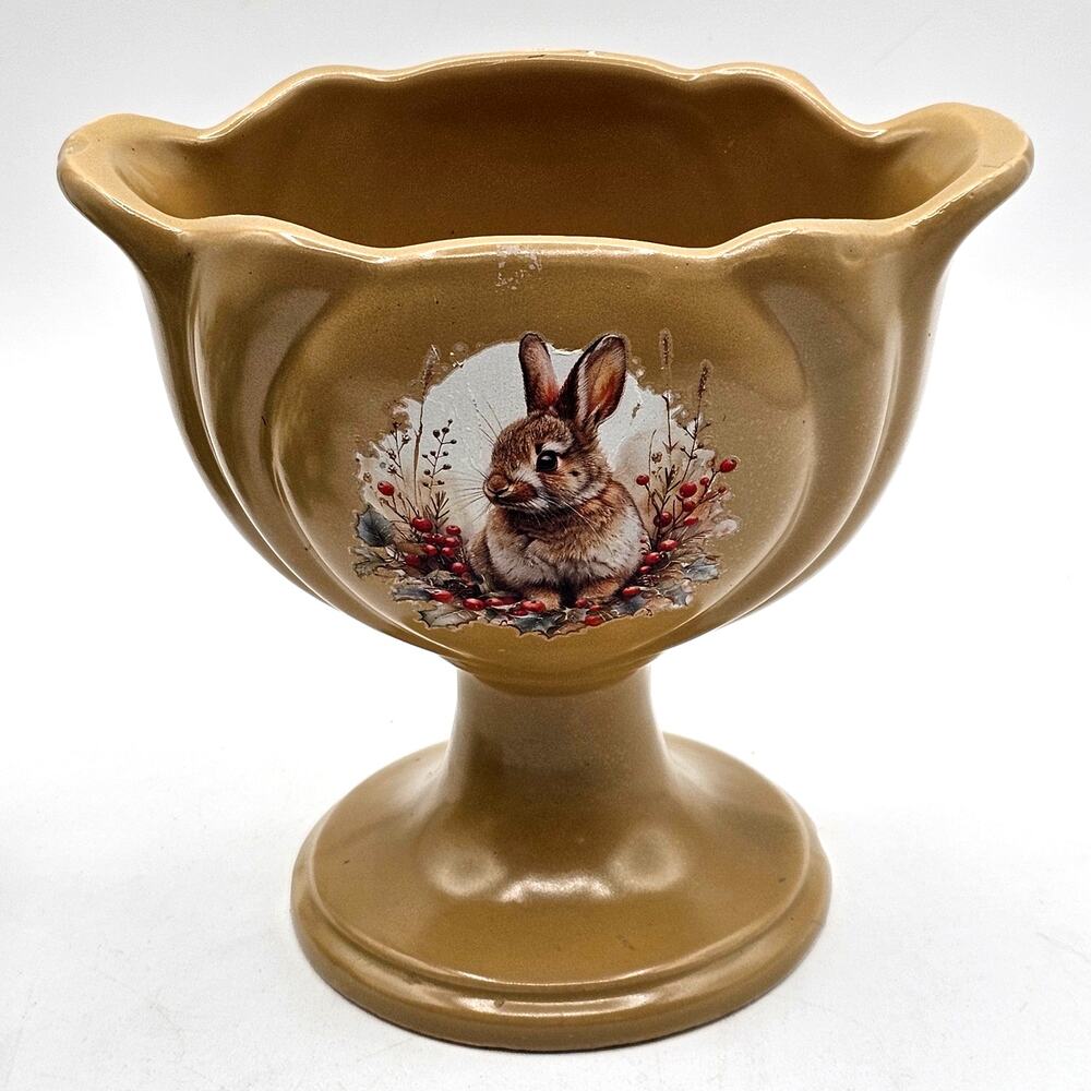 Vintage Hull F33 Vase Tulip Pedestal Brown Glaze Rabbit Transfer USA Midcentury